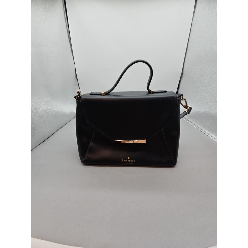 Kate Spade New York Womens Black Leather Flap Medium Satchel Bag Handbag